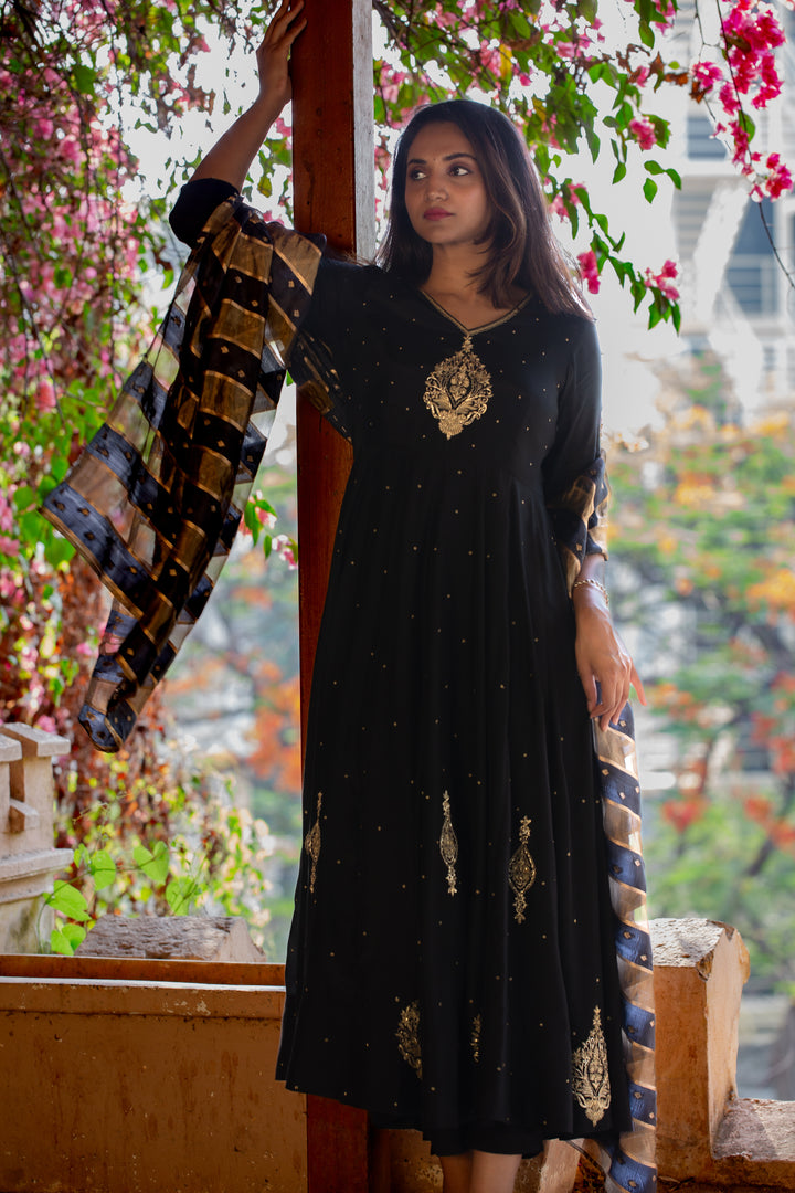 Black Muslin Anarkali with Jardosi Work & Banarasi Dupatta