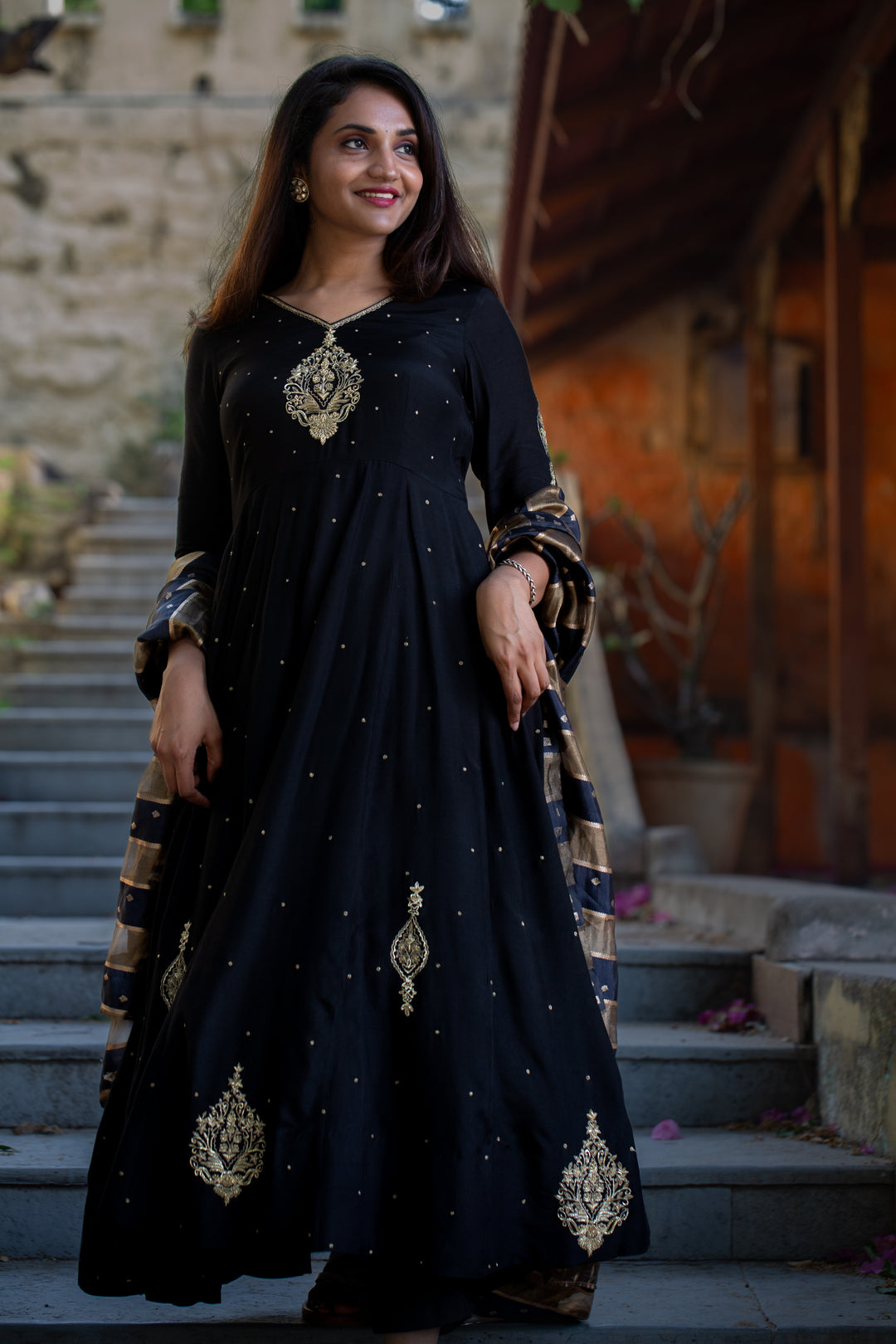 Black Muslin Anarkali with Jardosi Work & Banarasi Dupatta
