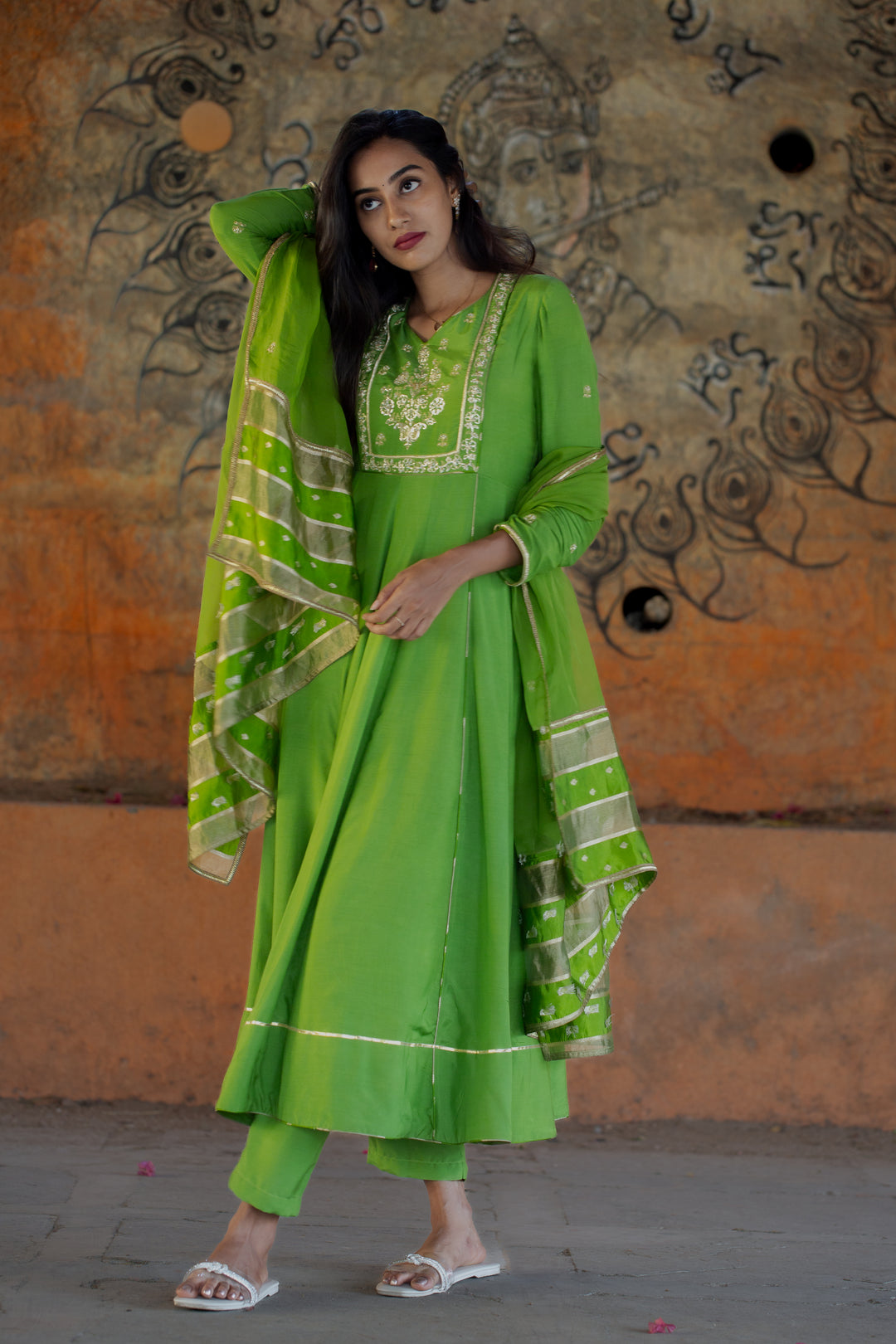 Green Muslin Suit with Jardosi Work & Organza Dupatta