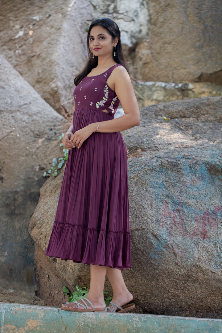 Wine Sleeveless Malai Mul Embroidered Dress