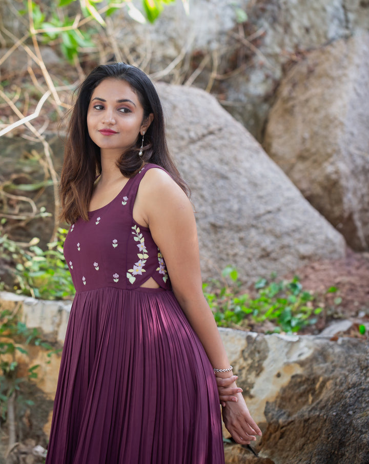 Wine Sleeveless Malai Mul Embroidered Dress