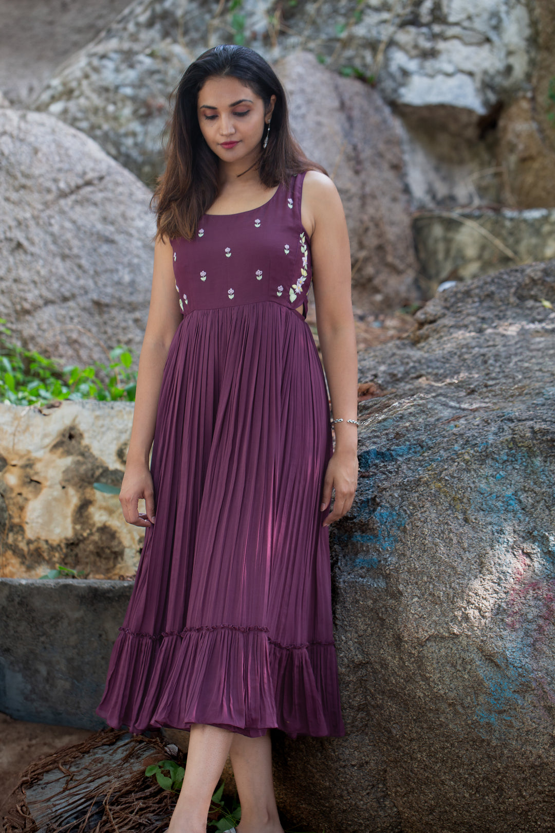 Wine Sleeveless Malai Mul Embroidered Dress