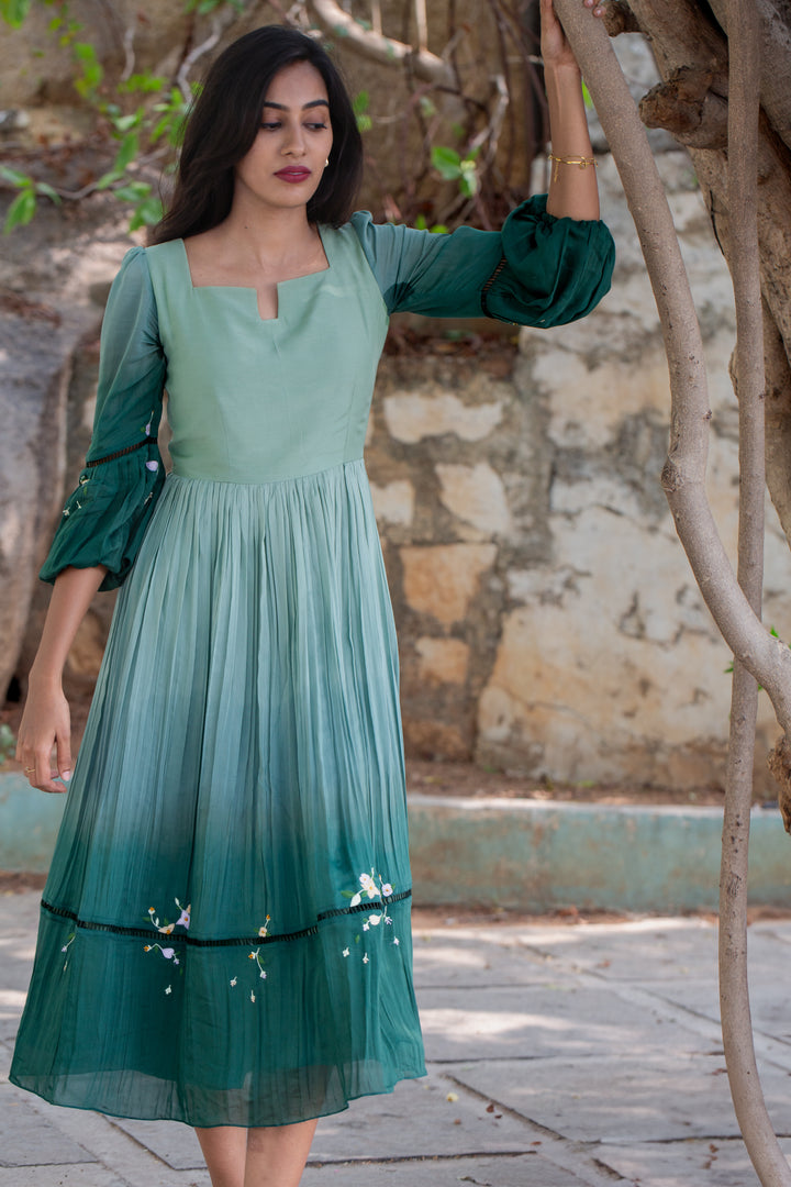 Ombré Green Malai Mul Dress with Lace & Floral Accent