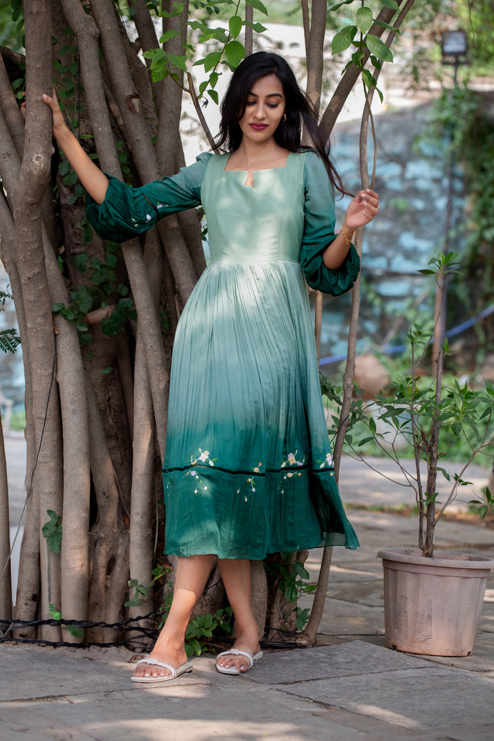 Ombré Green Malai Mul Dress with Lace & Floral Accent
