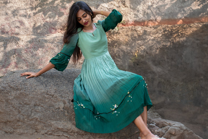 Ombré Green Malai Mul Dress with Lace & Floral Accent