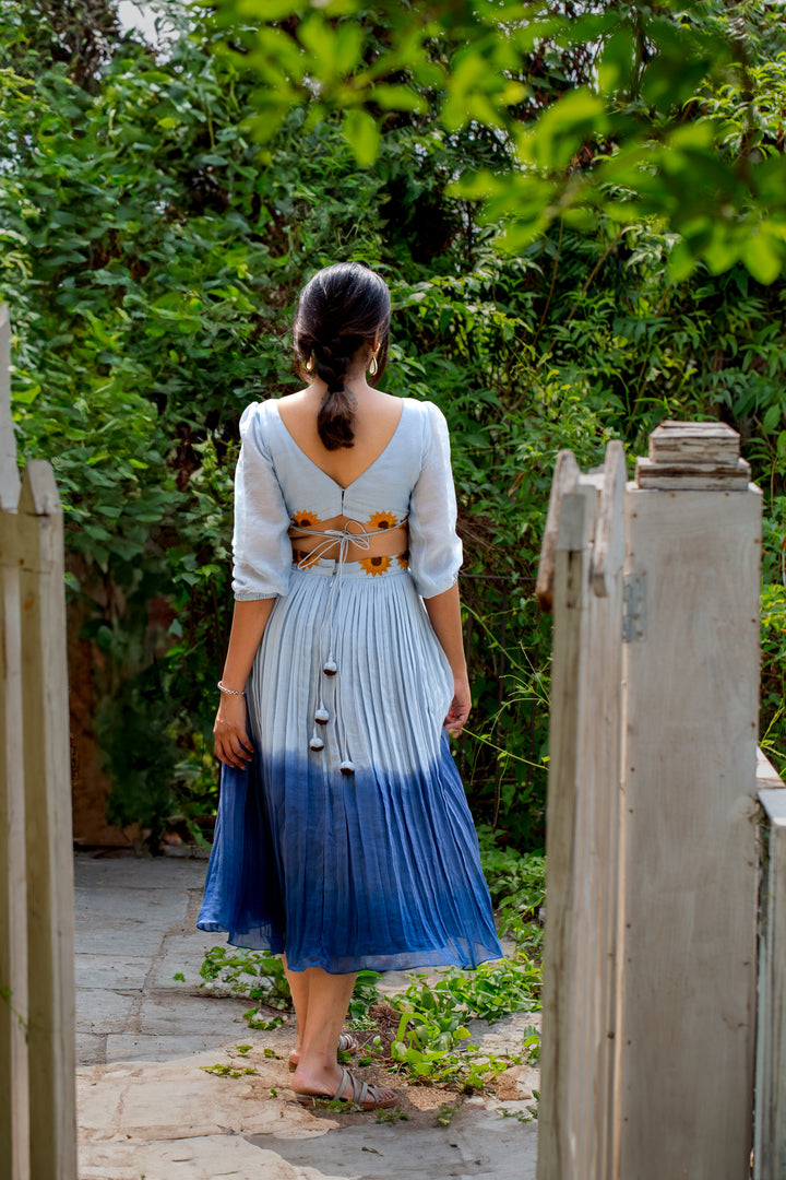 Indigo Mul Chanderi Dress with Sheer Sleeves & Sunflower Detail