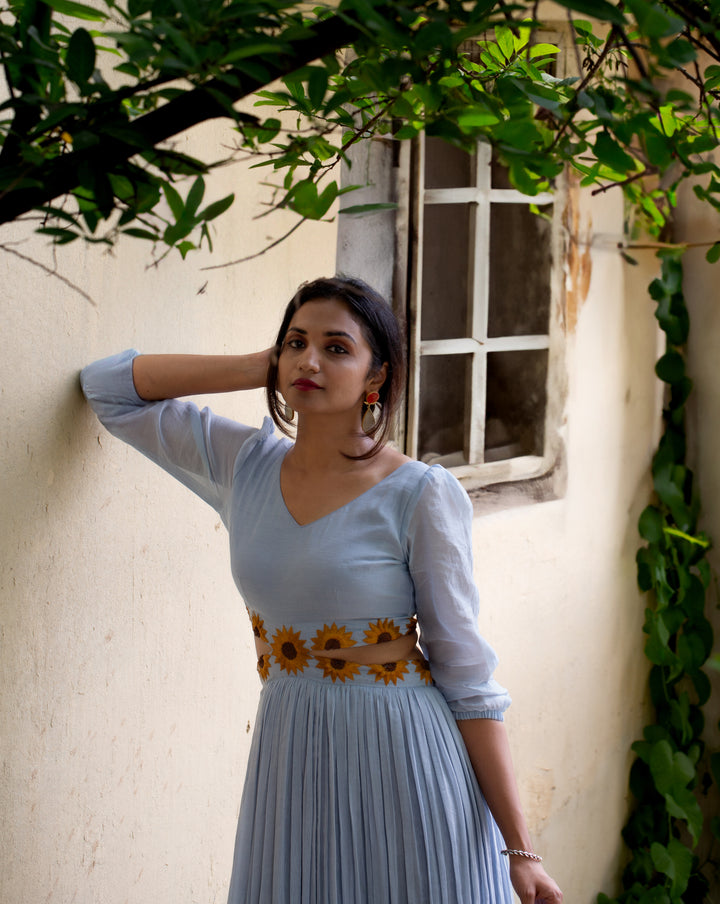 Indigo Mul Chanderi Dress with Sheer Sleeves & Sunflower Detail