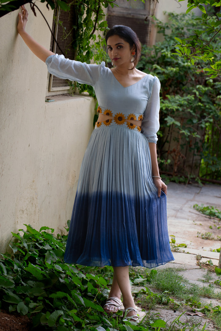 Indigo Mul Chanderi Dress with Sheer Sleeves & Sunflower Detail