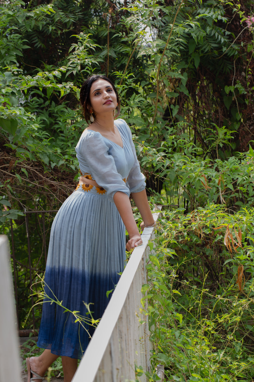 Indigo Mul Chanderi Dress with Sheer Sleeves & Sunflower Detail