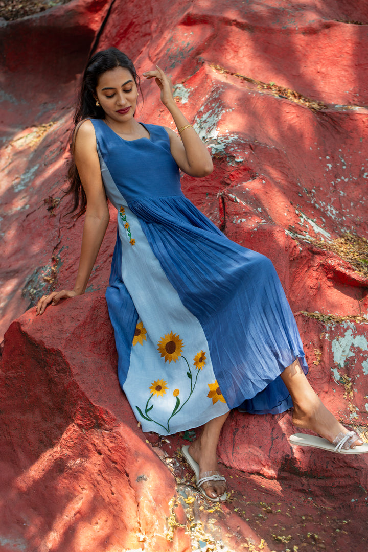 Indigo Pleated Dress with Sunflower Embroidery & Pockets