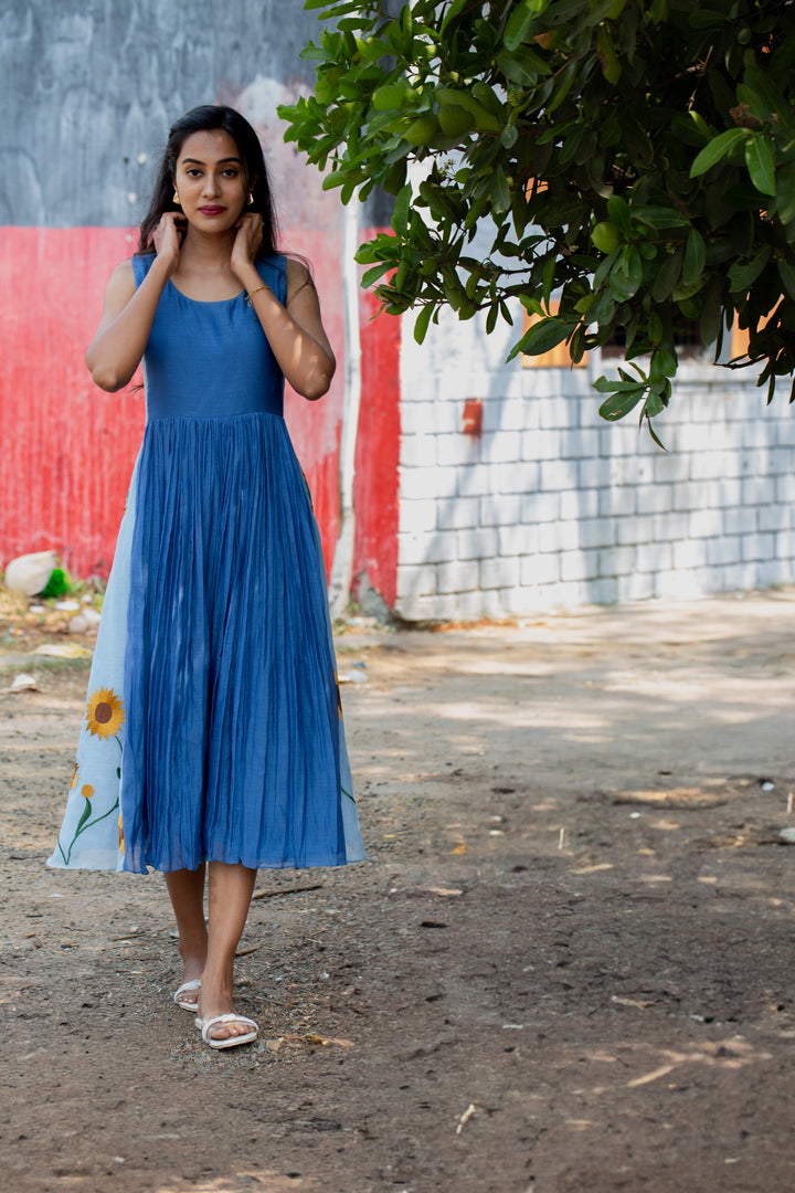 Indigo Pleated Dress with Sunflower Embroidery & Pockets
