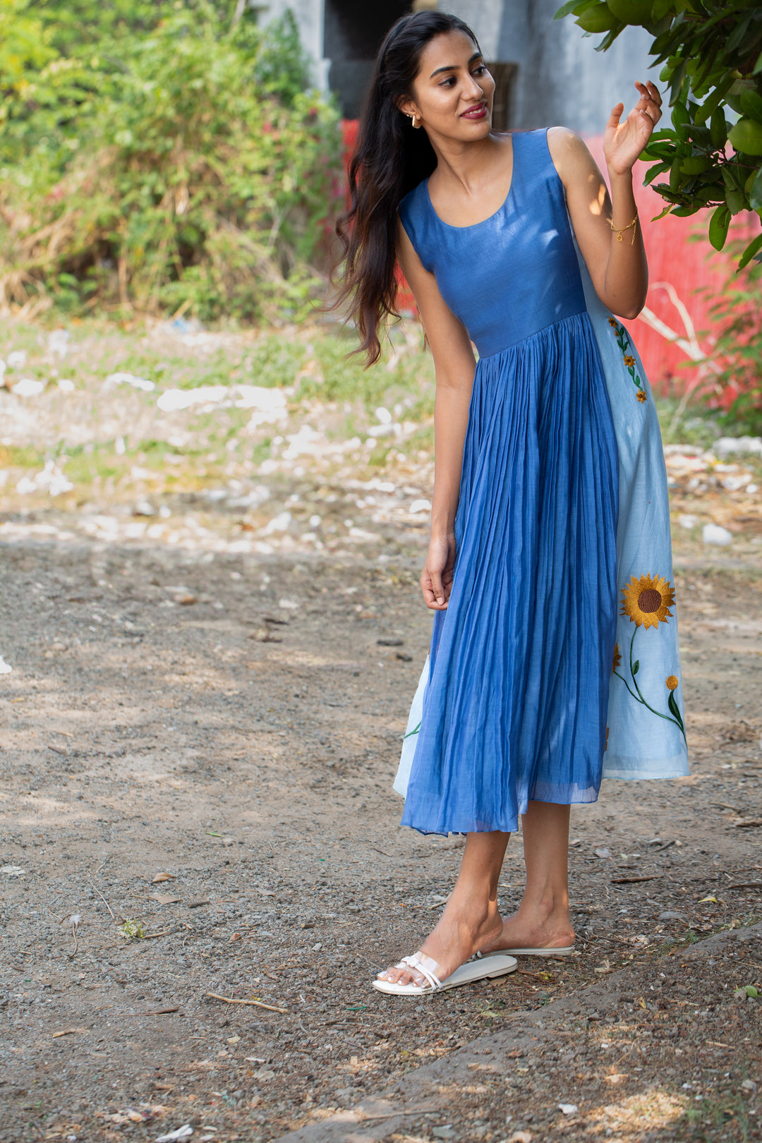 Indigo Pleated Dress with Sunflower Embroidery & Pockets