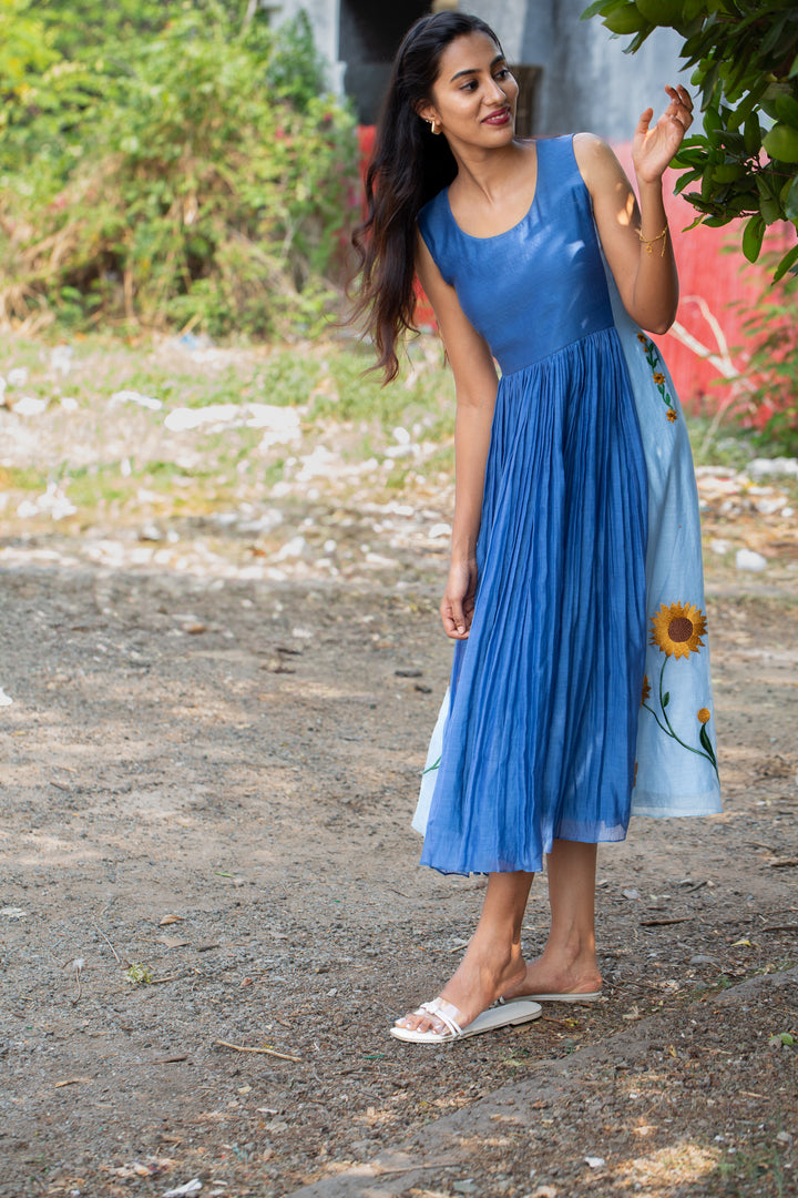 Indigo Pleated Dress with Sunflower Embroidery & Pockets