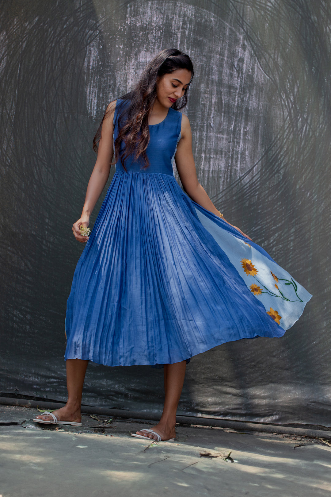 Indigo Pleated Dress with Sunflower Embroidery & Pockets