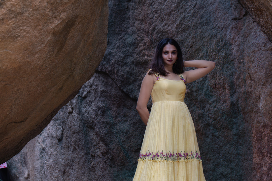 Yellow Pleated Mul Chanderi Dress with Embroidered Hem