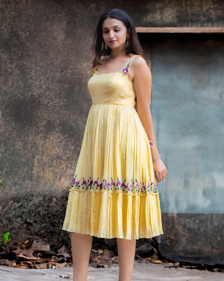 Yellow Pleated Mul Chanderi Dress with Embroidered Hem
