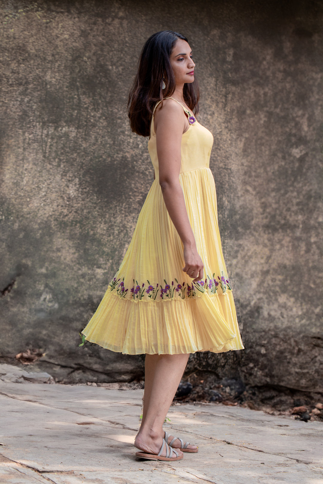 Yellow Pleated Mul Chanderi Dress with Embroidered Hem