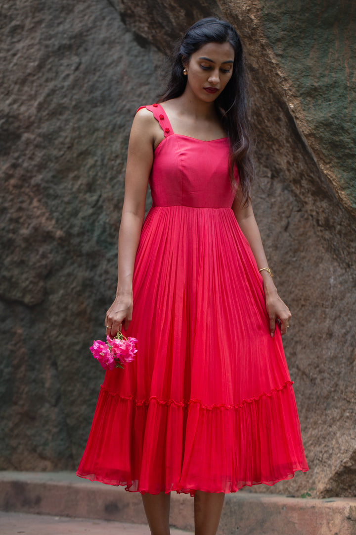 Crimson Pink-Red Mul Chanderi Dress with Rose Knot Detail