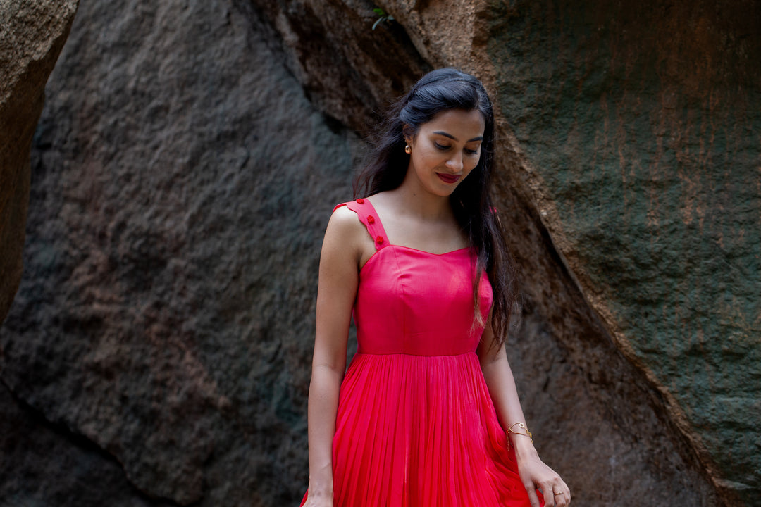 Crimson Pink-Red Mul Chanderi Dress with Rose Knot Detail