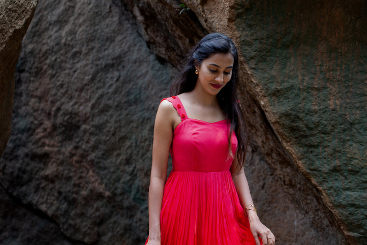 Crimson Pink-Red Mul Chanderi Dress with Rose Knot Detail