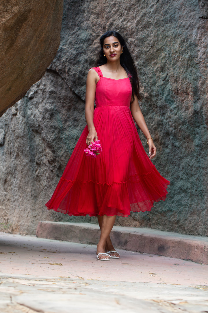 Crimson Pink-Red Mul Chanderi Dress with Rose Knot Detail