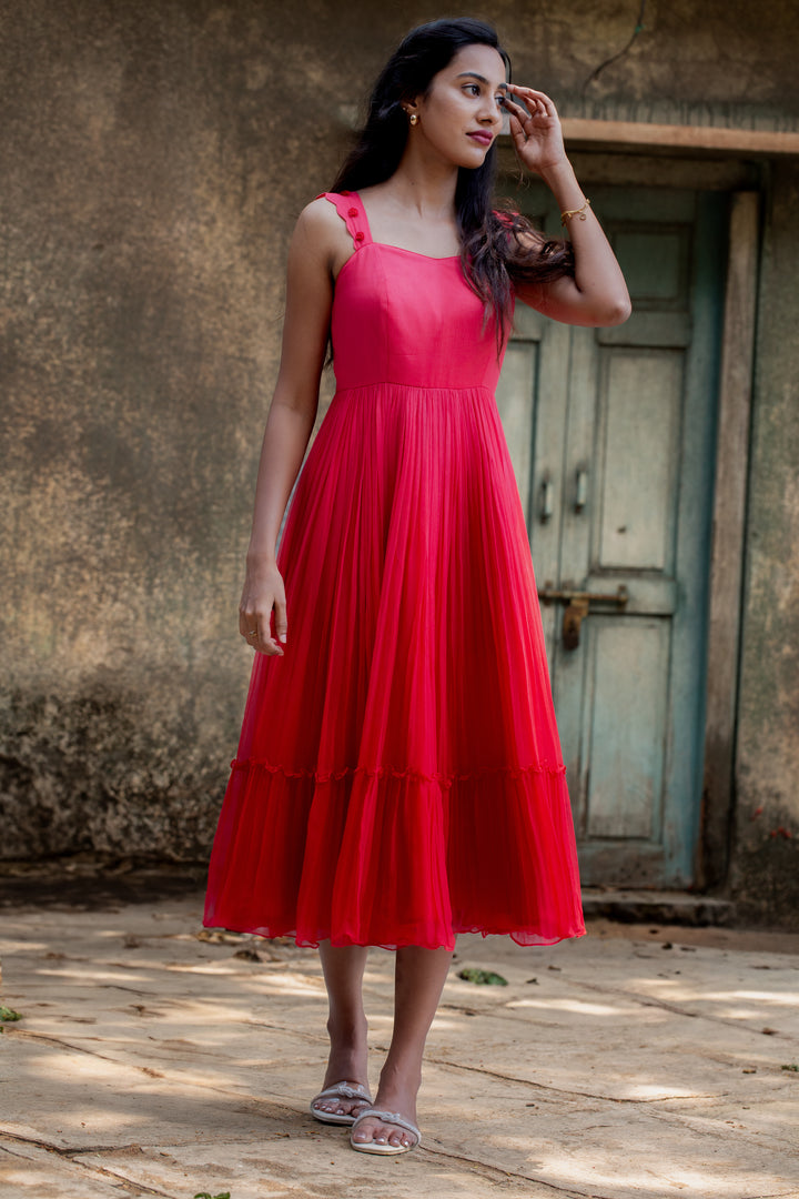 Crimson Pink-Red Mul Chanderi Dress with Rose Knot Detail