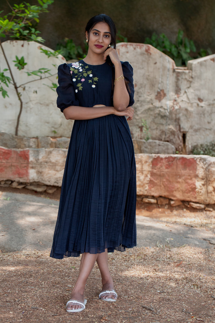 Black Puff-Sleeve Embroidered Dress w/ Keyhole Cut