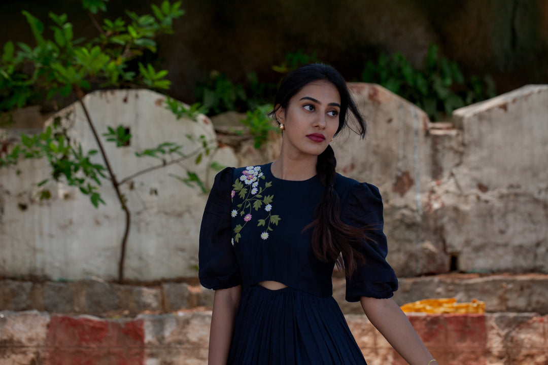 Black Puff-Sleeve Embroidered Dress w/ Keyhole Cut