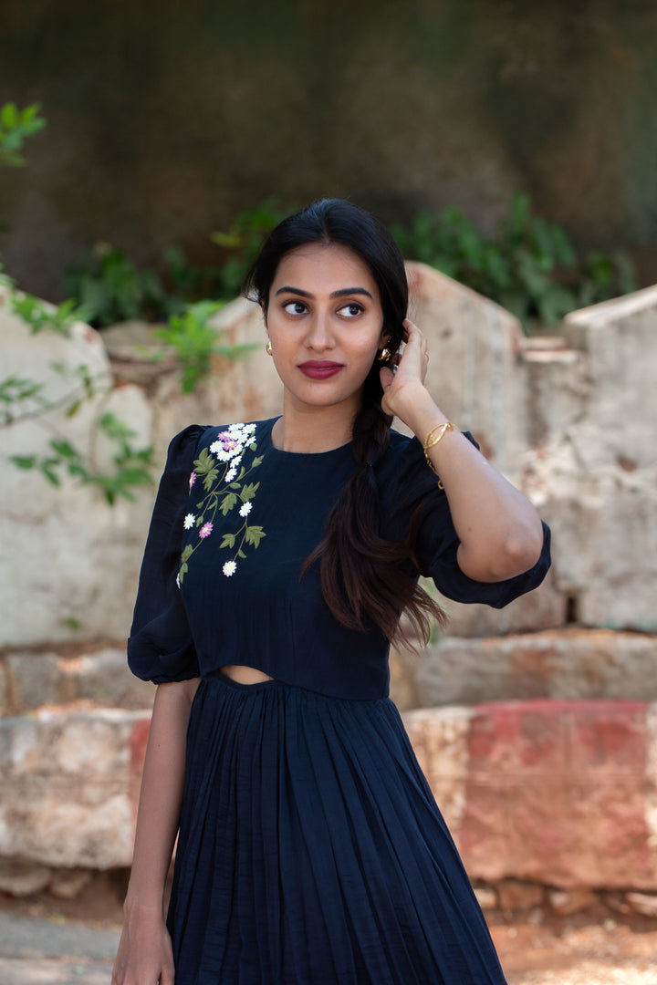 Black Puff-Sleeve Embroidered Dress w/ Keyhole Cut