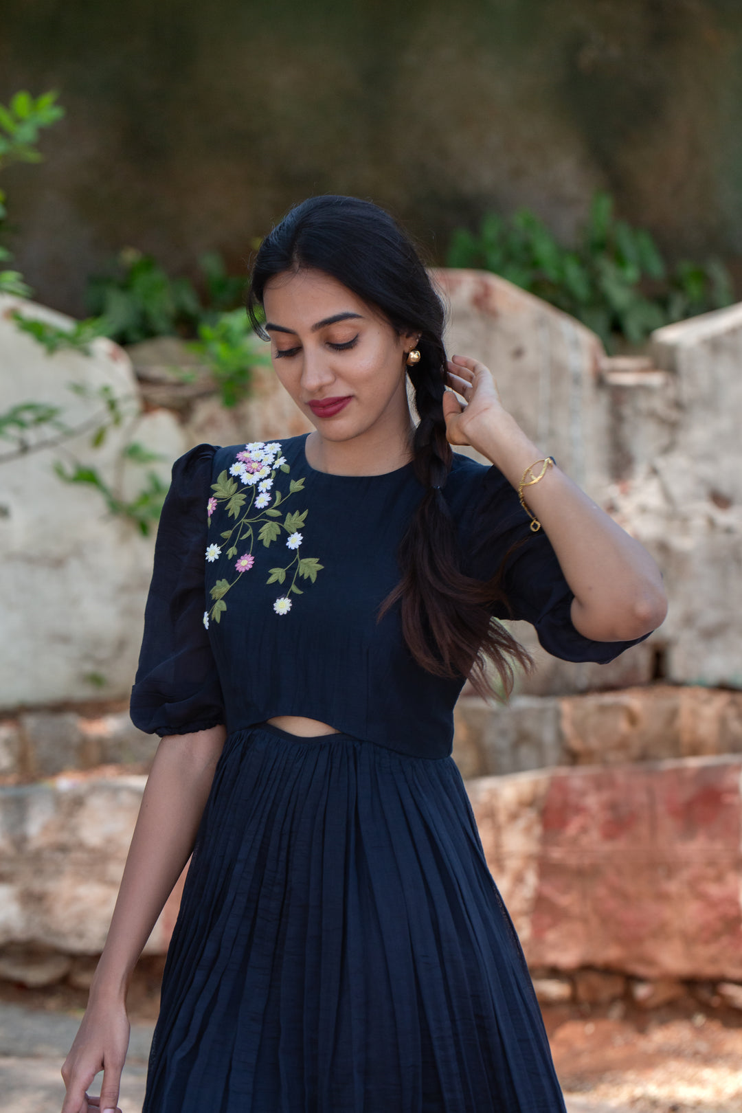 Black Puff-Sleeve Embroidered Dress w/ Keyhole Cut