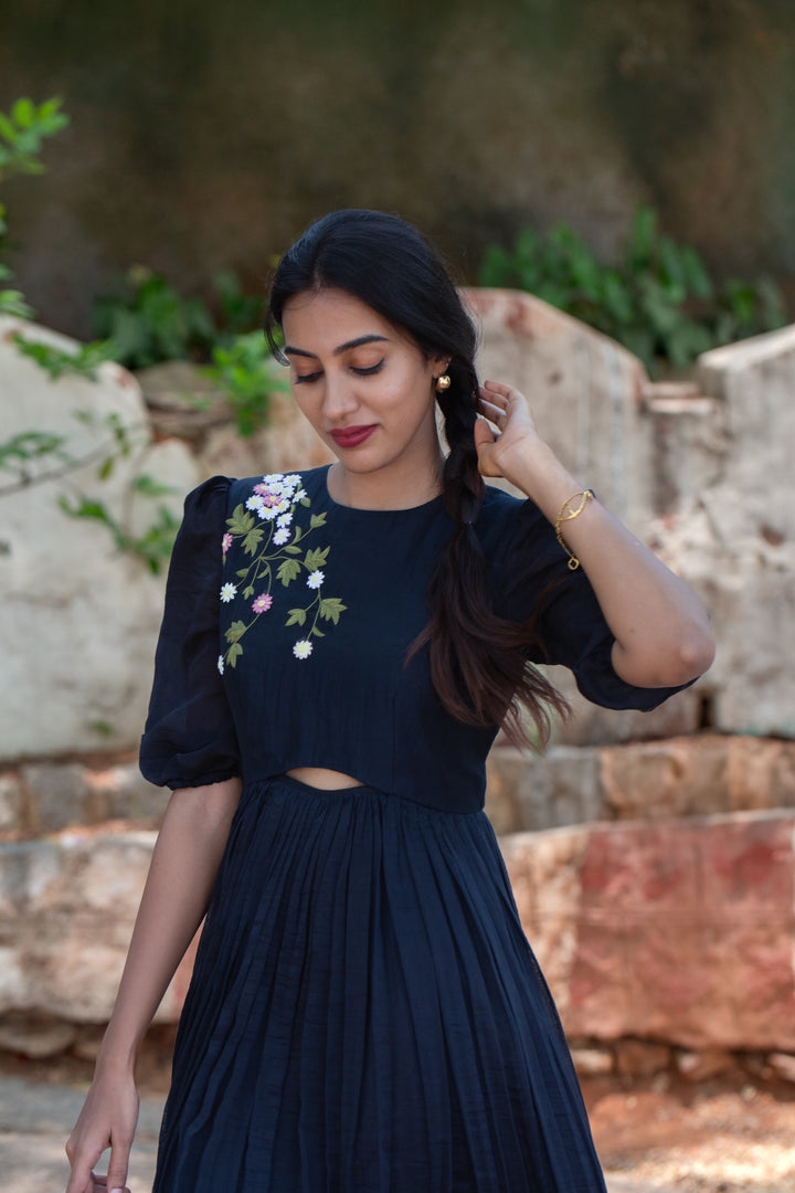 Black Puff-Sleeve Embroidered Dress w/ Keyhole Cut