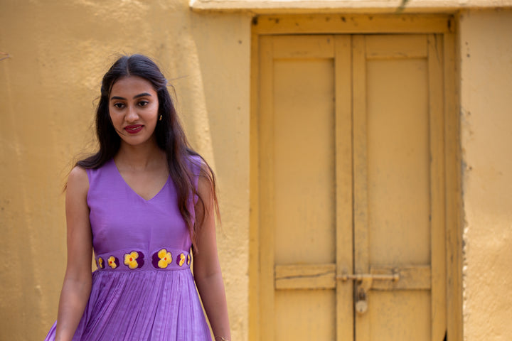 Lavender-Yellow Mul Chanderi Frock w/ Waist Embroidery