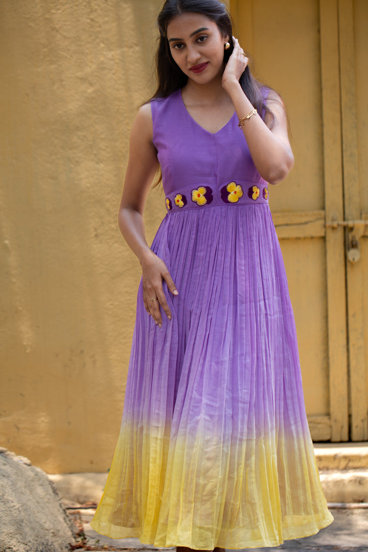 Lavender-Yellow Mul Chanderi Frock w/ Waist Embroidery