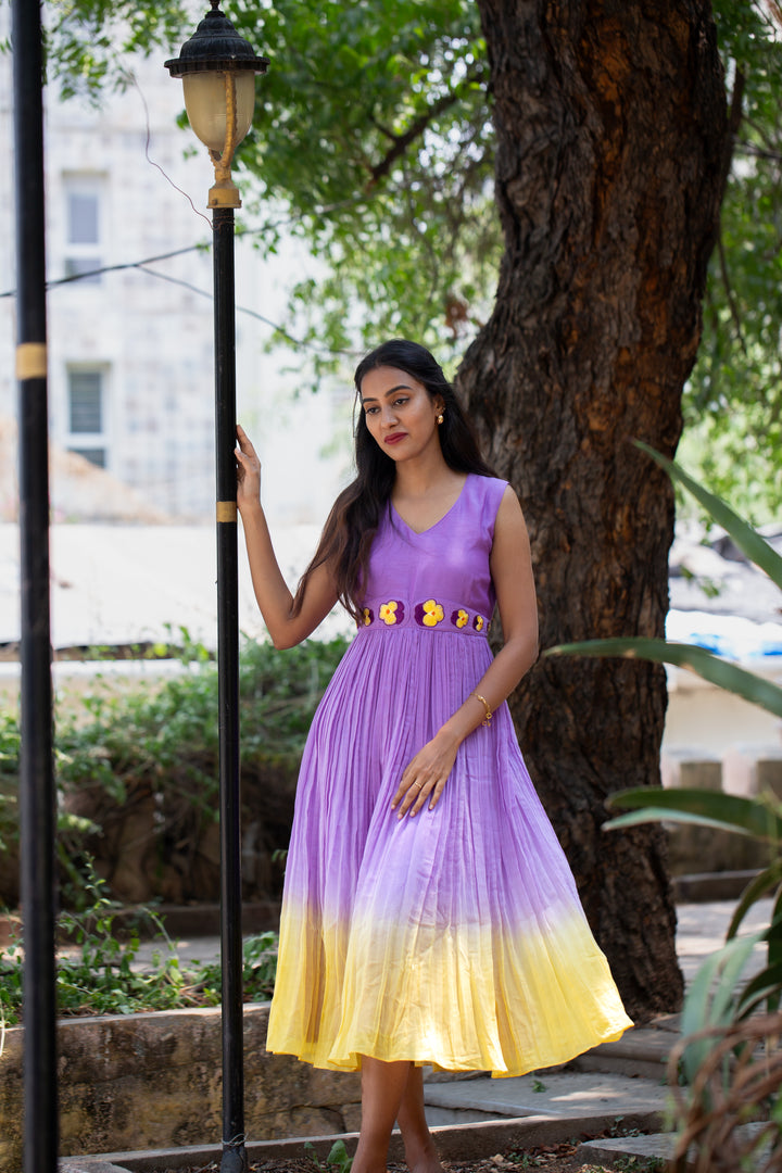 Lavender-Yellow Mul Chanderi Frock w/ Waist Embroidery