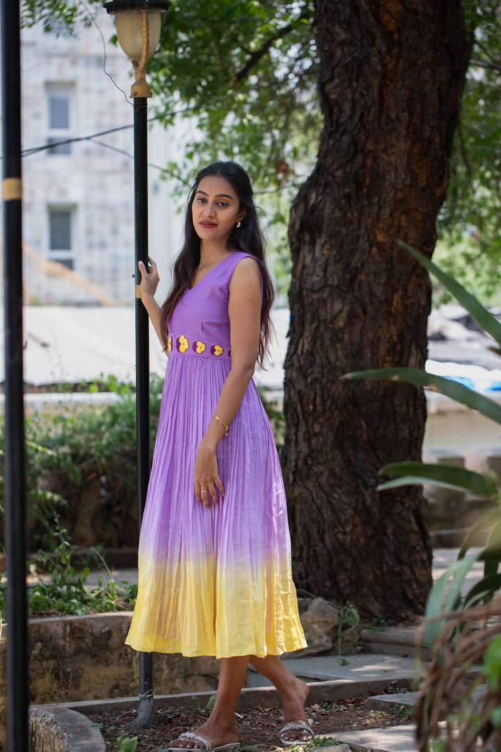 Lavender-Yellow Mul Chanderi Frock w/ Waist Embroidery